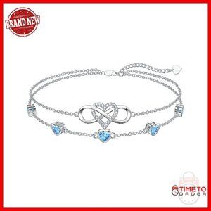 925 Sterling Silver Infinity Heart Birthstone Anklet Bracelet Adjustable 7+2"